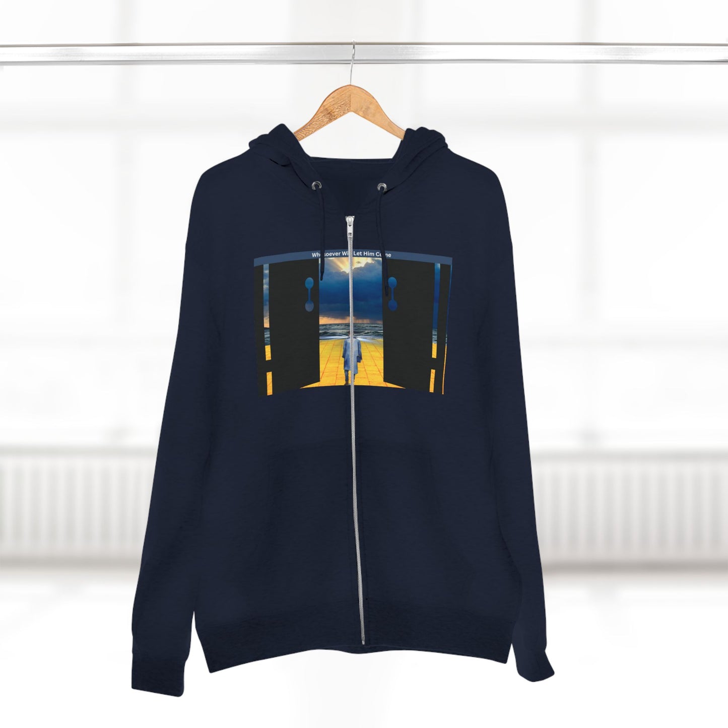 Surreal Doorway Zip Hoodie — Lone Figure Nightscape Artwork