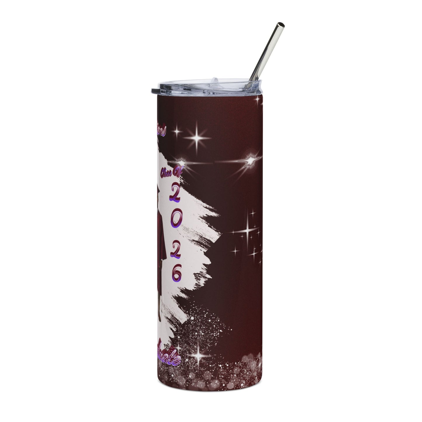 Tumbler: Graduation 2026 Stainless Steel Tumbler Personalized Grad Cap Gown Design. Maroon/Deep Red