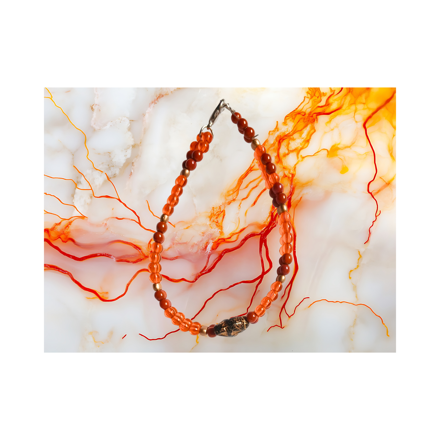 unique orange and red bracelet with a cat charm in the center: Handmade Fashion Jewelry