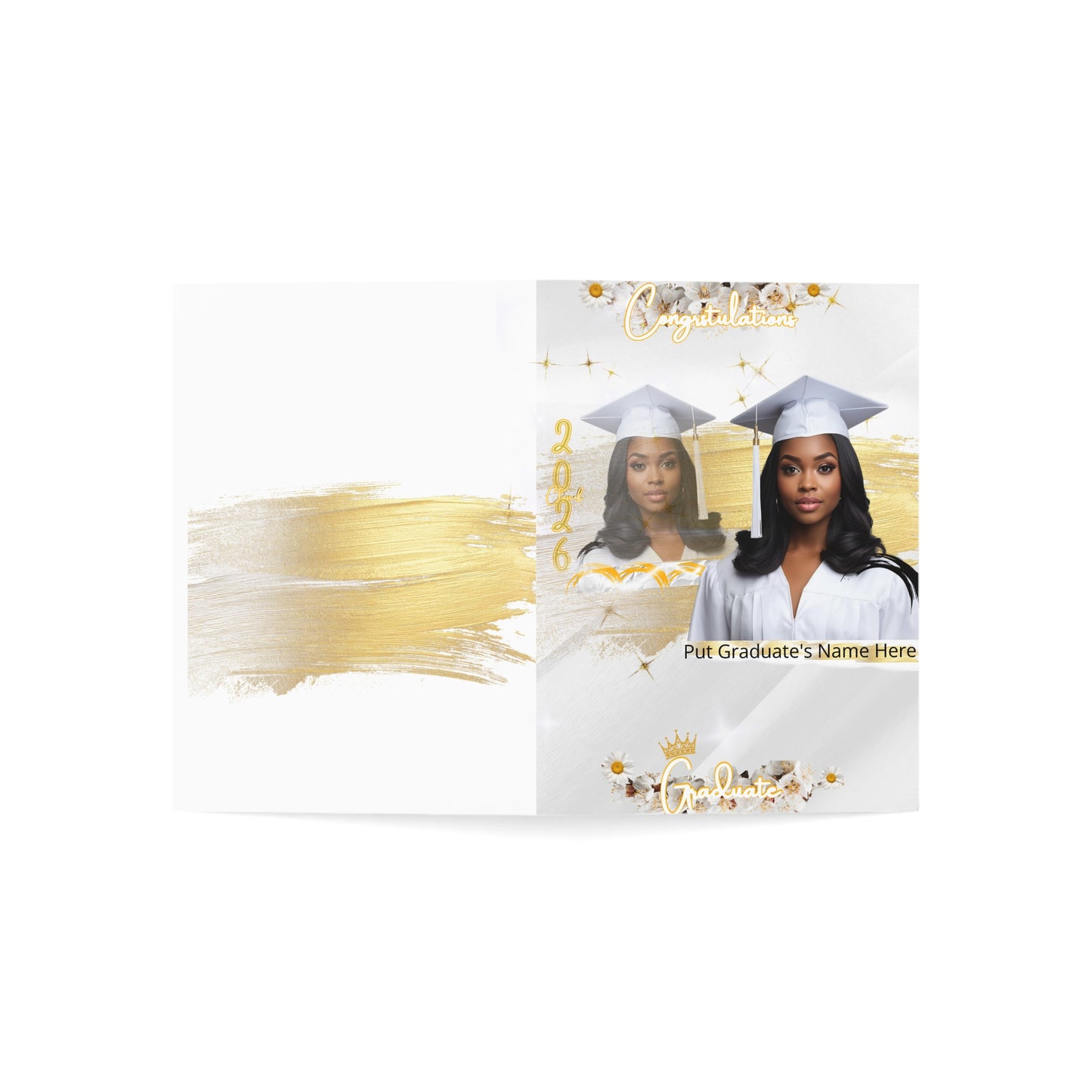 Graduation Photo Greeting Cards — Customizable Gold & White Grad Cards (Add Name)