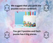 Load image into Gallery viewer, Puzzles to help protect and grow your Brain. Set 2. You get 3- puzzles and Each puzzle has 4 big pieces. Delicious watermelon, capital B, and beautiful puppy on grass.