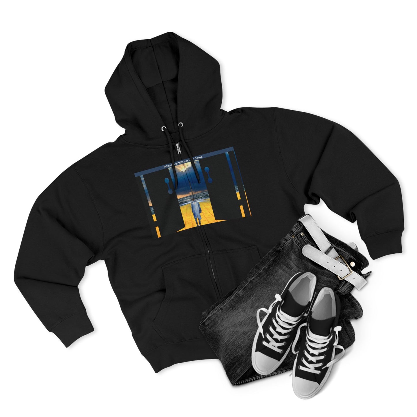 Surreal Doorway Zip Hoodie — Lone Figure Nightscape Artwork