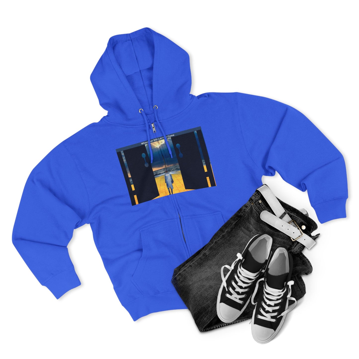 Surreal Doorway Zip Hoodie — Lone Figure Nightscape Artwork