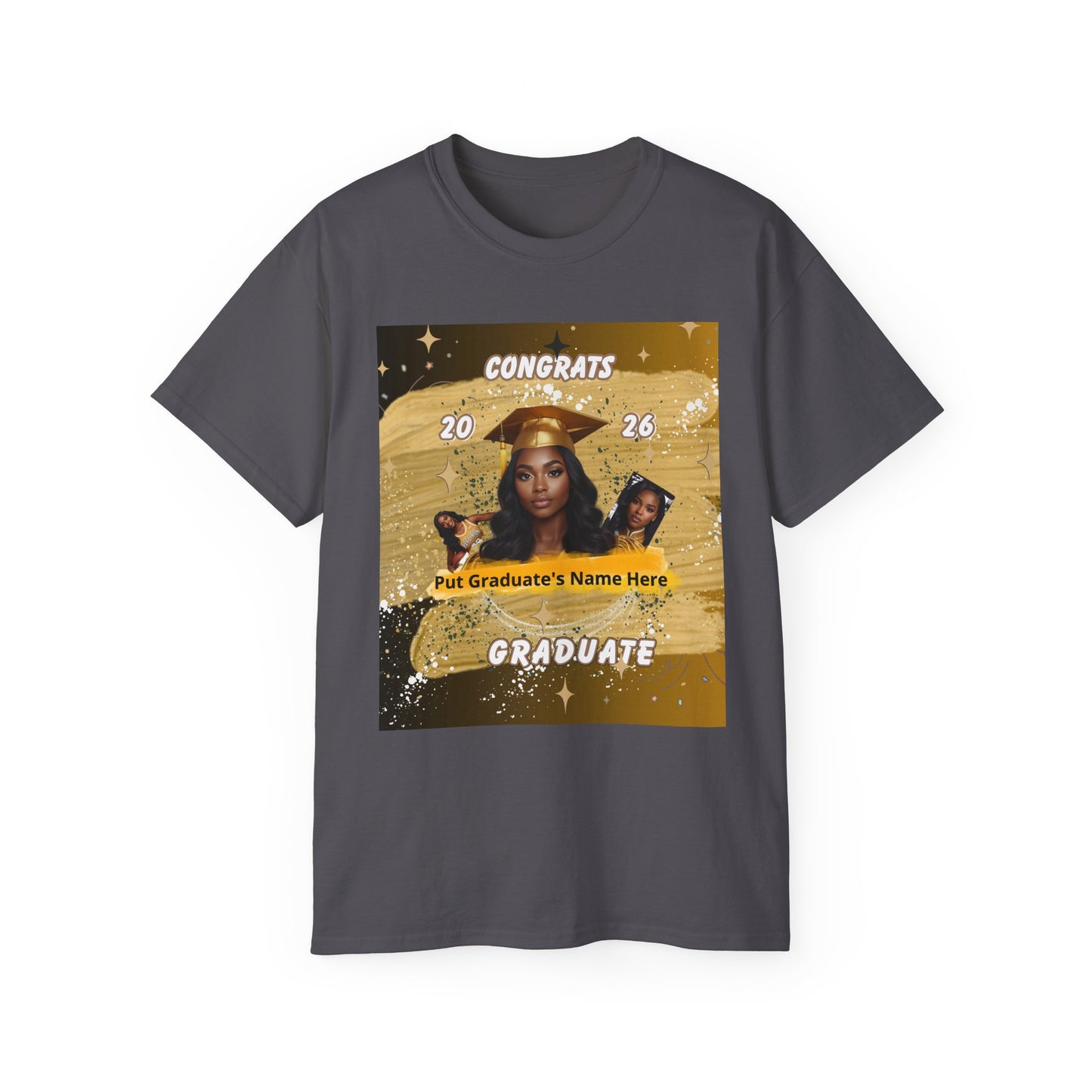 T-Shirts: Graduate Photo Tee Congrats 2026 Personalized Graduation T-Shirt. Gold/Yellow Personalize, upload your photo and write the name.