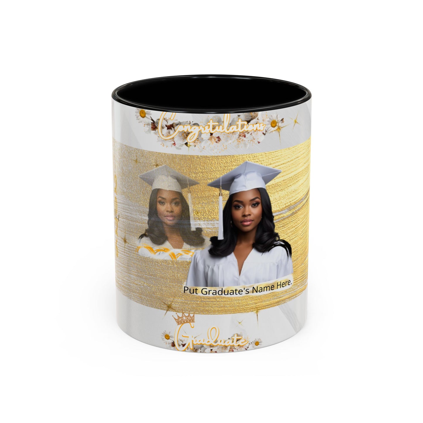 Mug: Graduation Photo Coffee Mug. Personalized Grad Gift with Gold Brush Design (11oz)