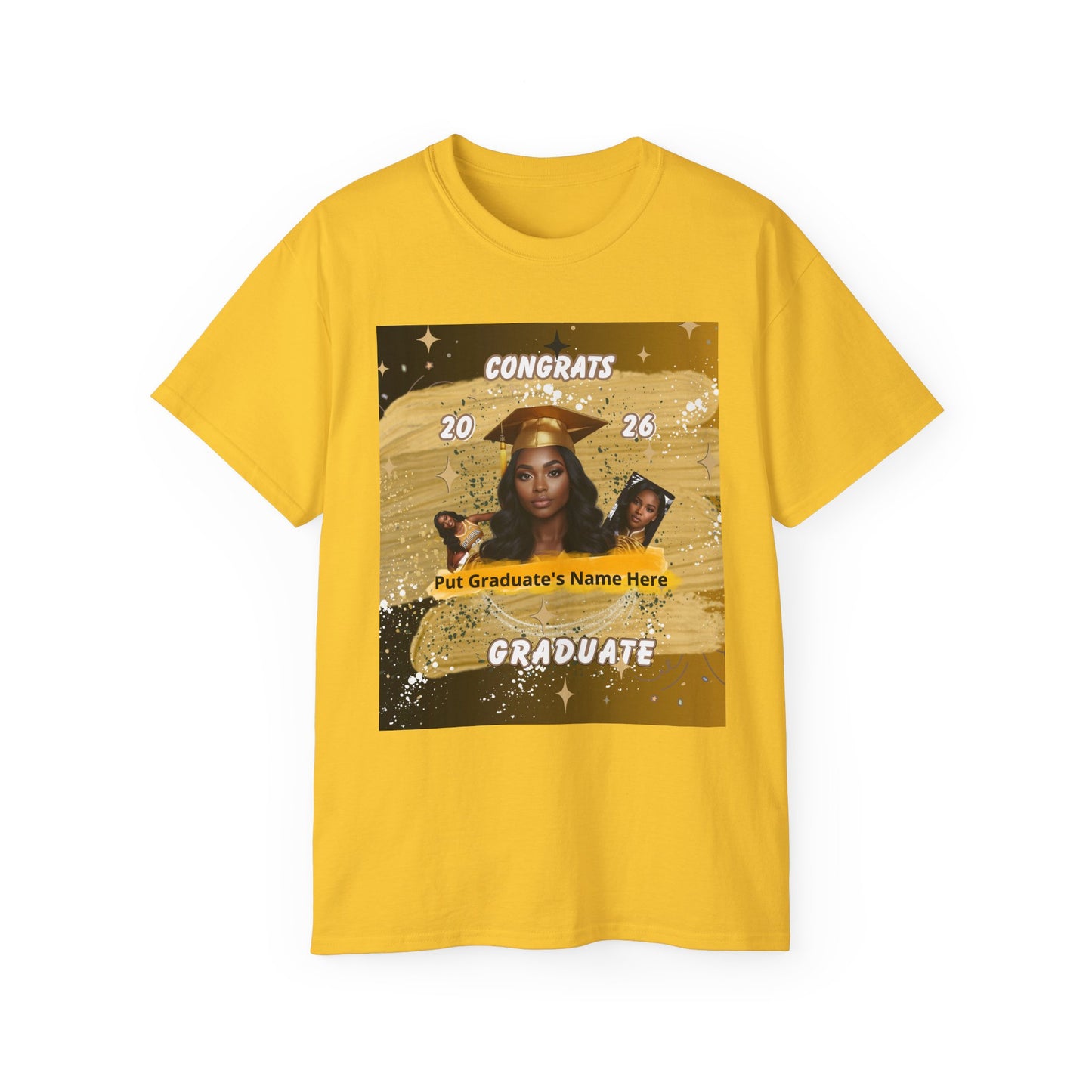 T-Shirts: Graduate Photo Tee Congrats 2026 Personalized Graduation T-Shirt. Gold/Yellow Personalize, upload your photo and write the name.