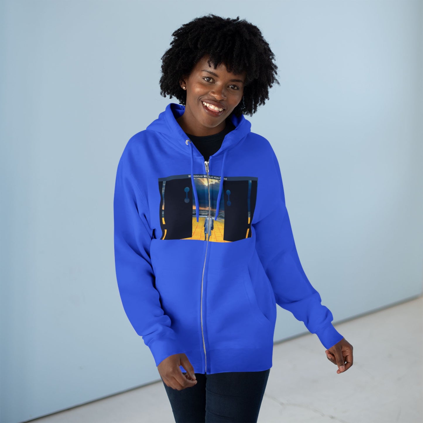 Surreal Doorway Zip Hoodie — Lone Figure Nightscape Artwork