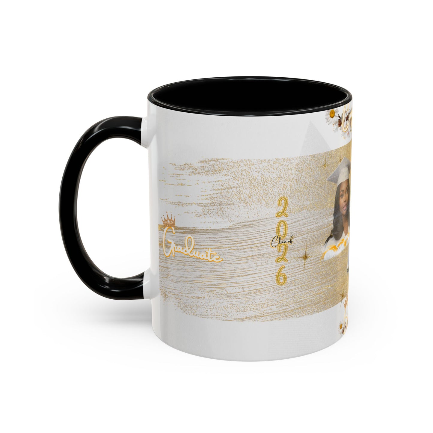 Mug: Graduation Photo Coffee Mug. Personalized Grad Gift with Gold Brush Design (11oz)