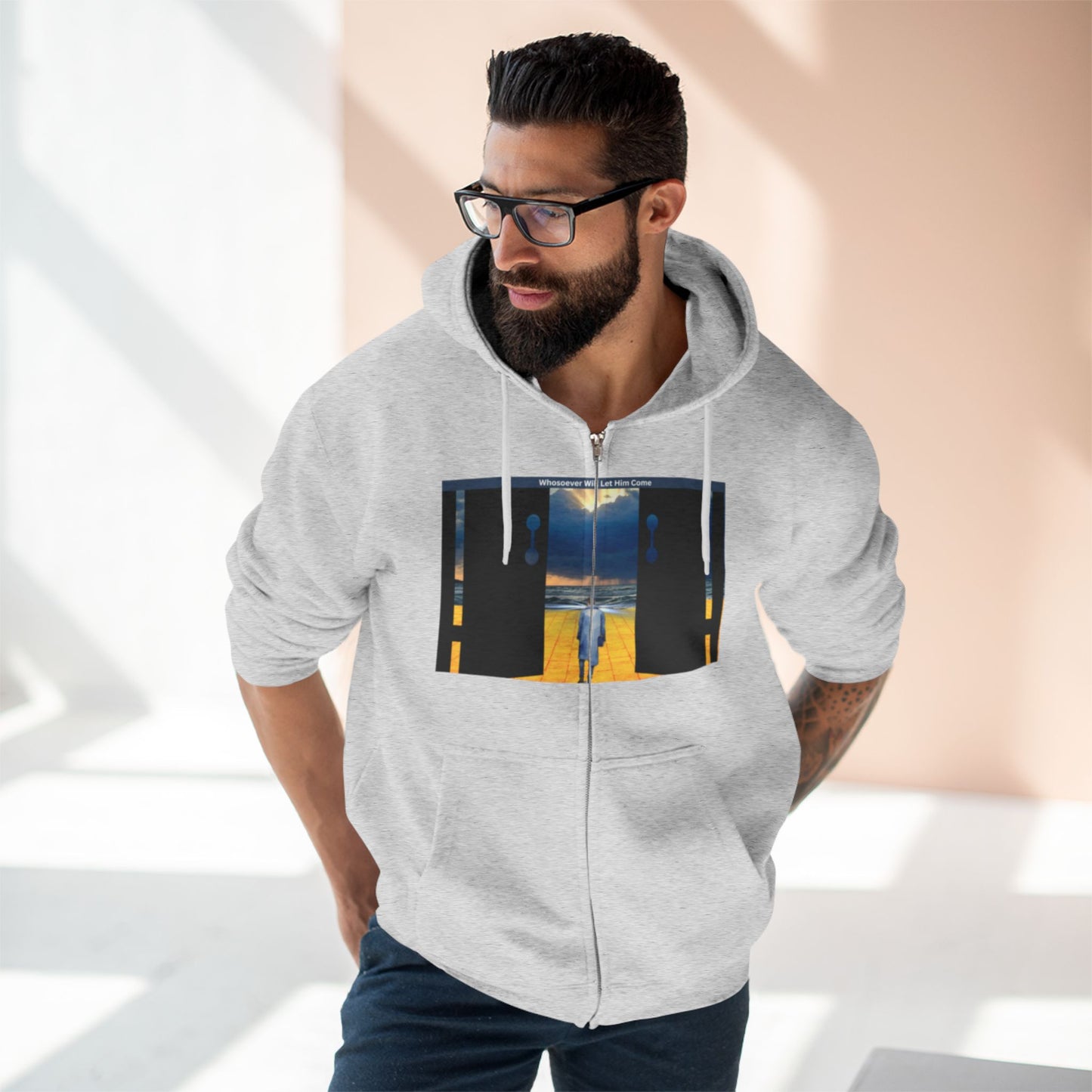 Surreal Doorway Zip Hoodie — Lone Figure Nightscape Artwork