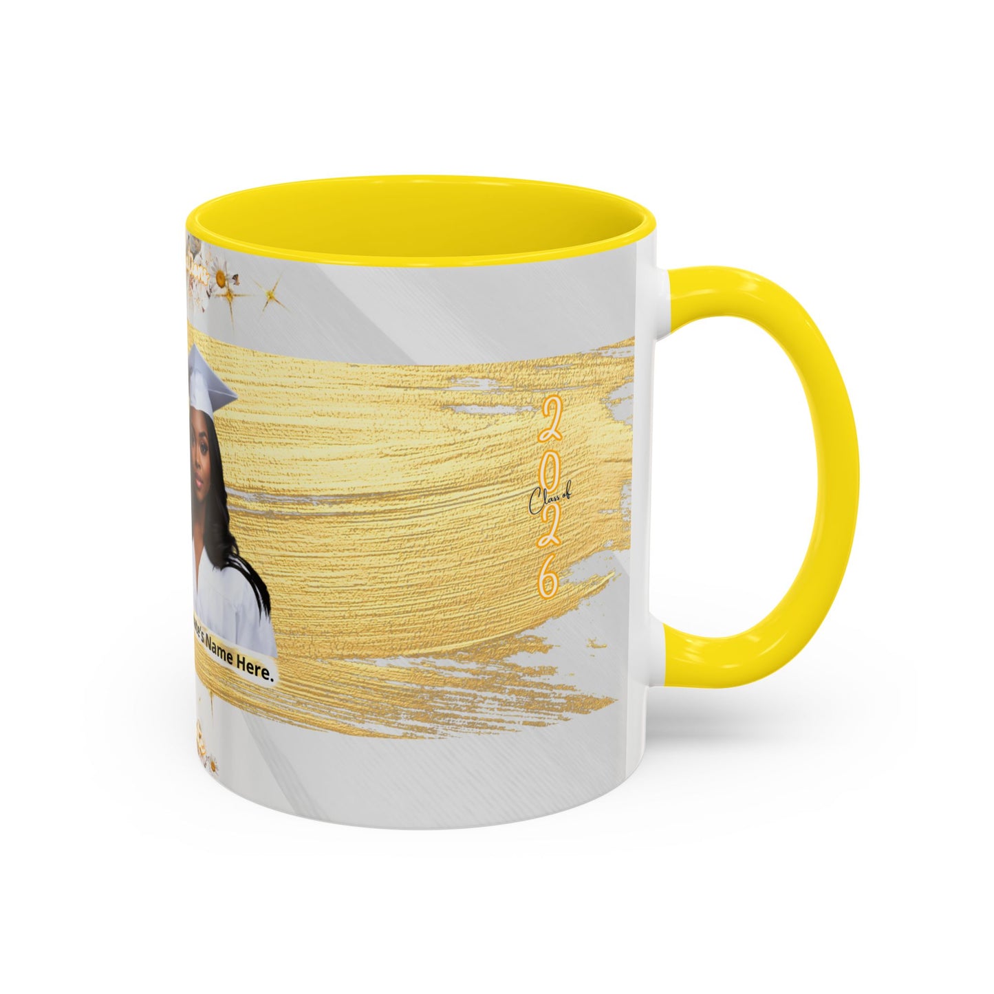 Mug: Graduation Photo Coffee Mug. Personalized Grad Gift with Gold Brush Design (11oz)