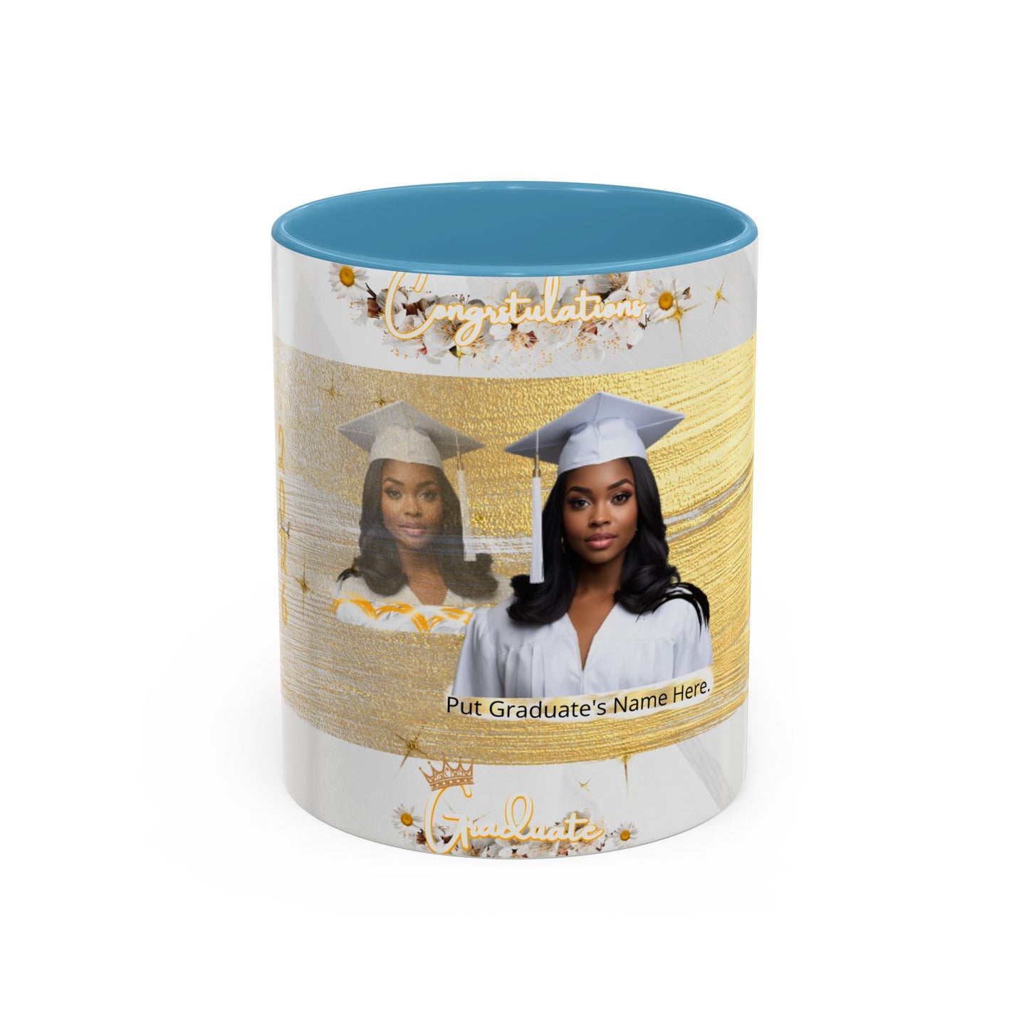 Mug: Graduation Photo Coffee Mug. Personalized Grad Gift with Gold Brush Design (11oz)