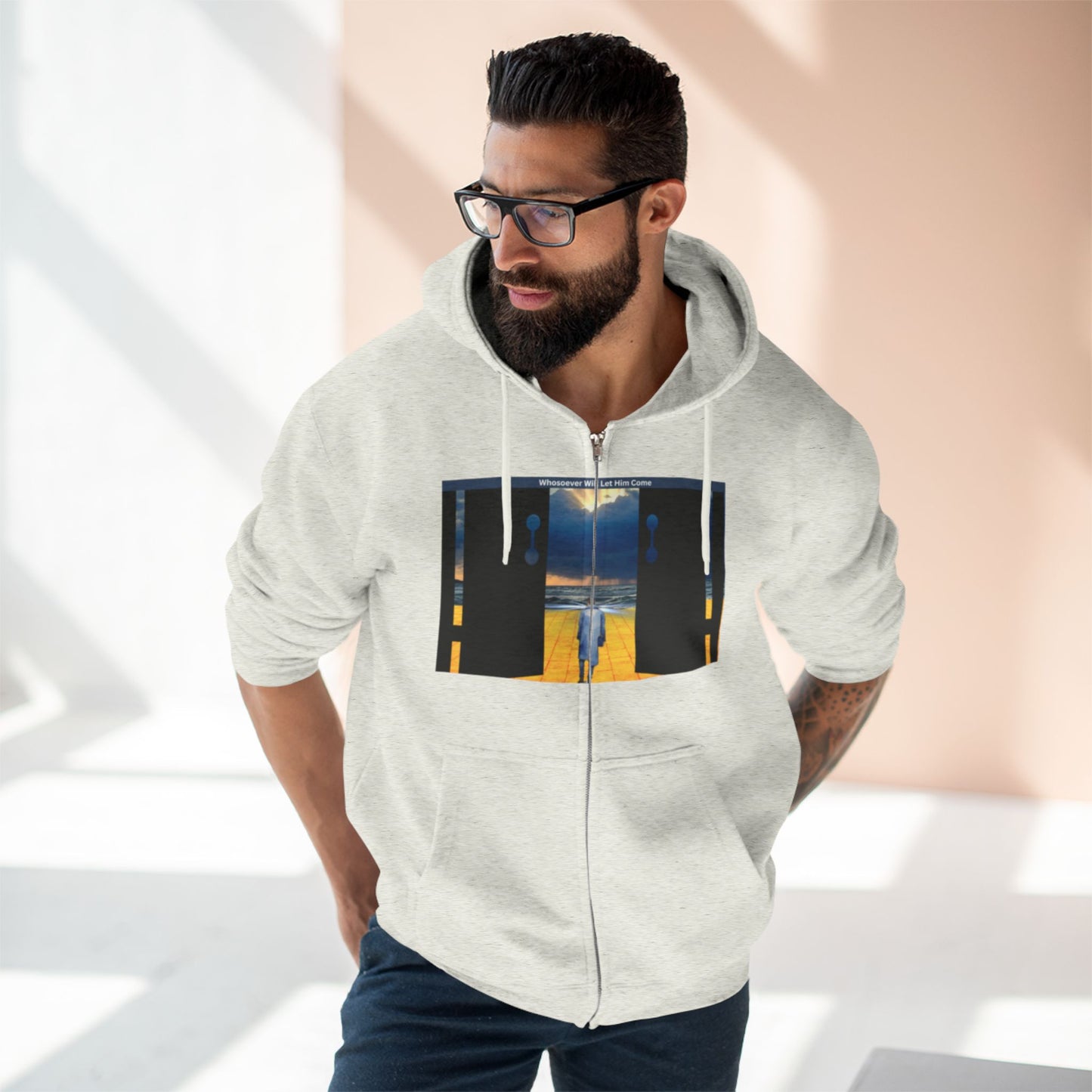 Surreal Doorway Zip Hoodie — Lone Figure Nightscape Artwork