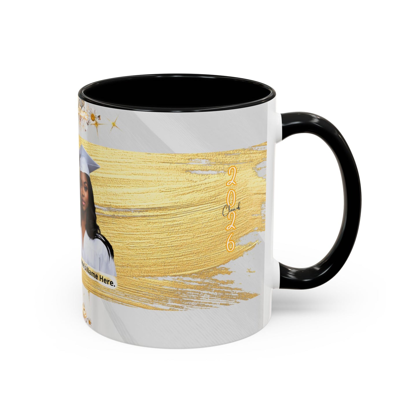 Mug: Graduation Photo Coffee Mug. Personalized Grad Gift with Gold Brush Design (11oz)