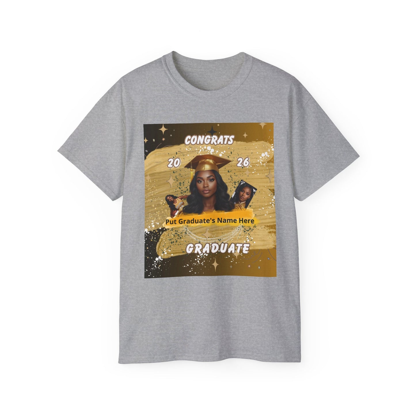 T-Shirts: Graduate Photo Tee Congrats 2026 Personalized Graduation T-Shirt. Gold/Yellow Personalize, upload your photo and write the name.