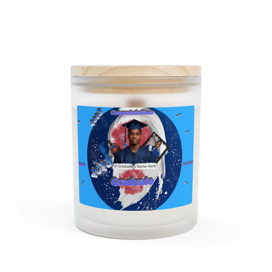 Candle 2: Graduation Photo Candle Personalized 11oz Frosted Glass Keepsake. Blue