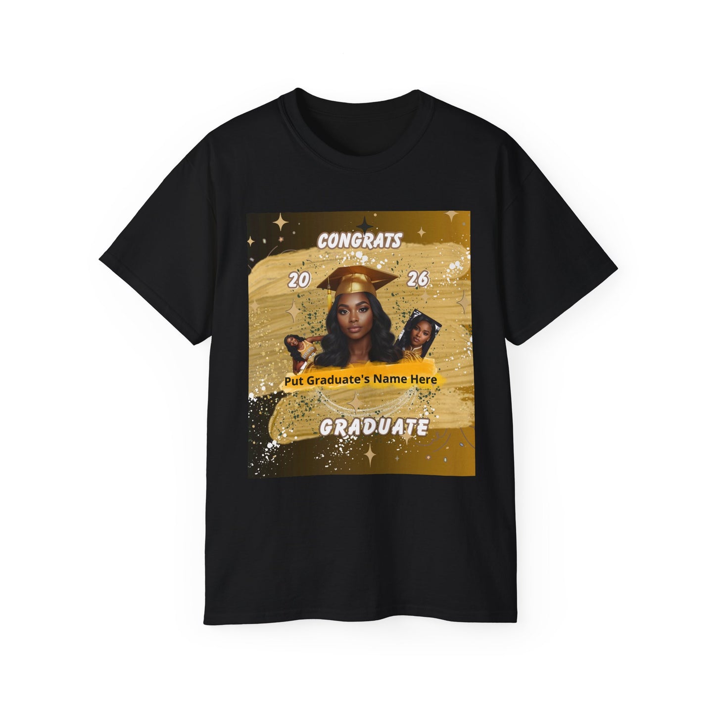 T-Shirts: Graduate Photo Tee Congrats 2026 Personalized Graduation T-Shirt. Gold/Yellow Personalize, upload your photo and write the name.