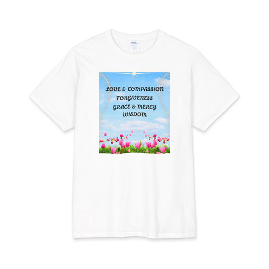 Inspirational Floral Tee — "Love & Compassion, Forgiveness" Motivational Cotton Shirt