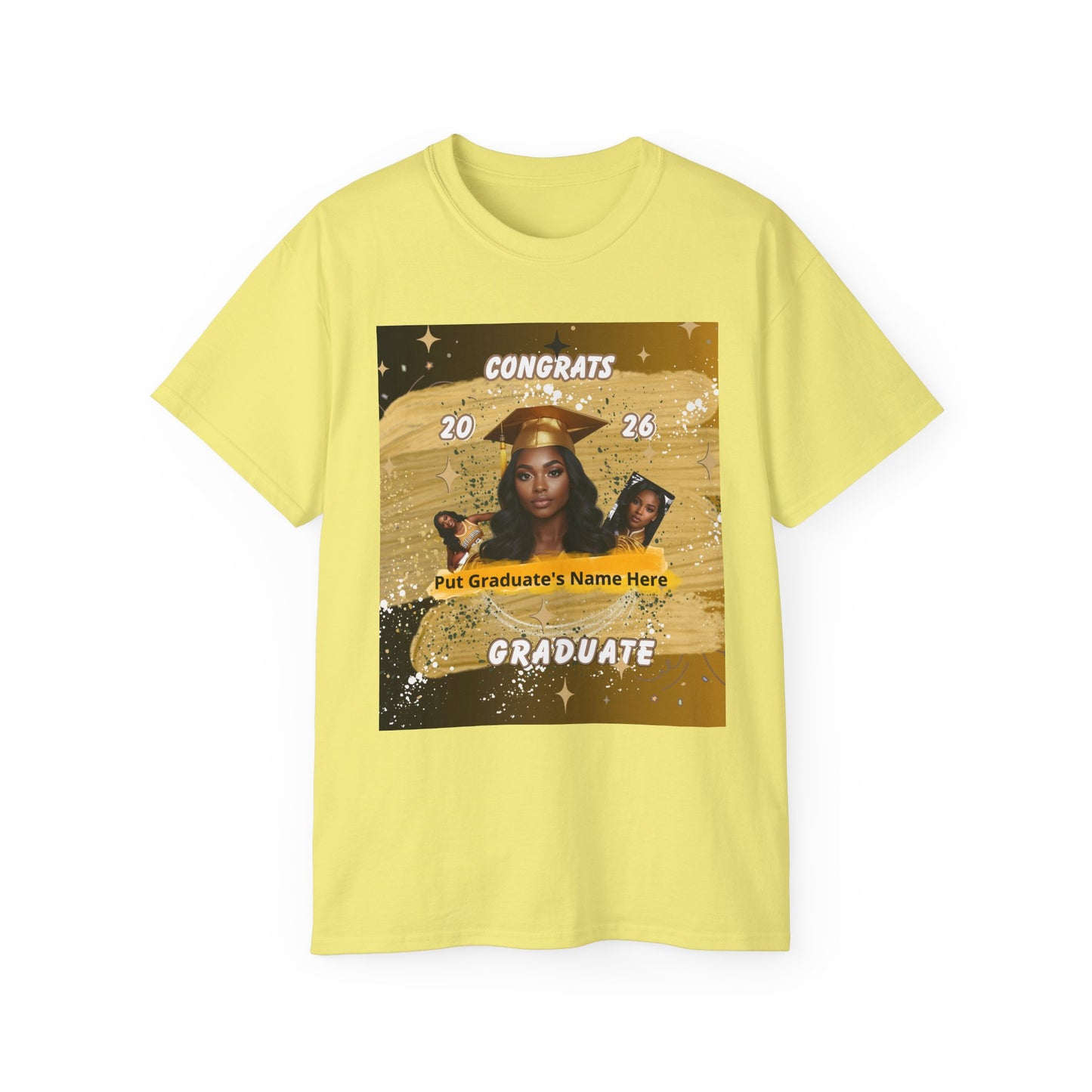 T-Shirts: Graduate Photo Tee Congrats 2026 Personalized Graduation T-Shirt. Gold/Yellow Personalize, upload your photo and write the name.