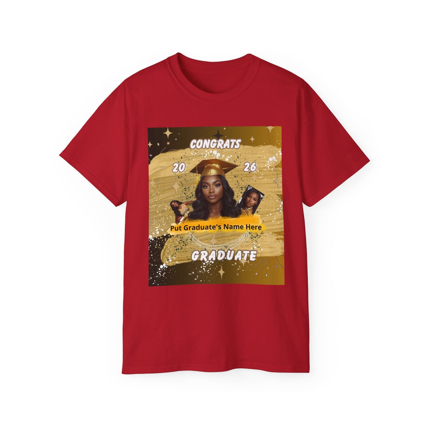 T-Shirts: Graduate Photo Tee Congrats 2026 Personalized Graduation T-Shirt. Gold/Yellow Personalize, upload your photo and write the name.