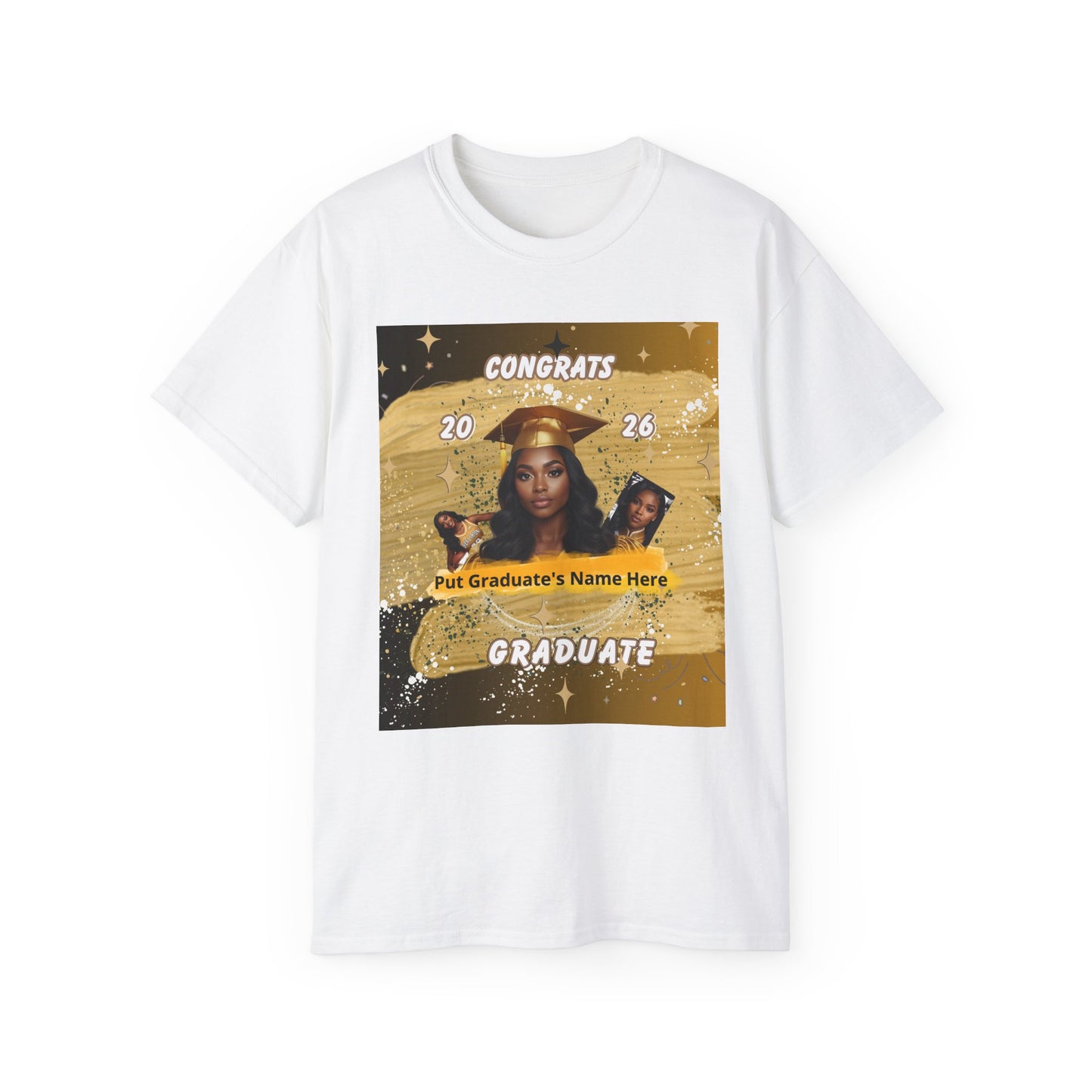T-Shirts: Graduate Photo Tee Congrats 2026 Personalized Graduation T-Shirt. Gold/Yellow Personalize, upload your photo and write the name.