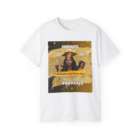 T-Shirts: Graduate Photo Tee Congrats 2026 Personalized Graduation T-Shirt. Gold/Yellow Personalize, upload your photo and write the name.