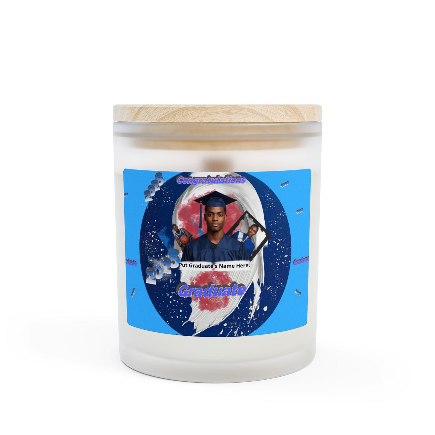 Candle 2: Graduation Photo Candle Personalized 11oz Frosted Glass Keepsake. Blue
