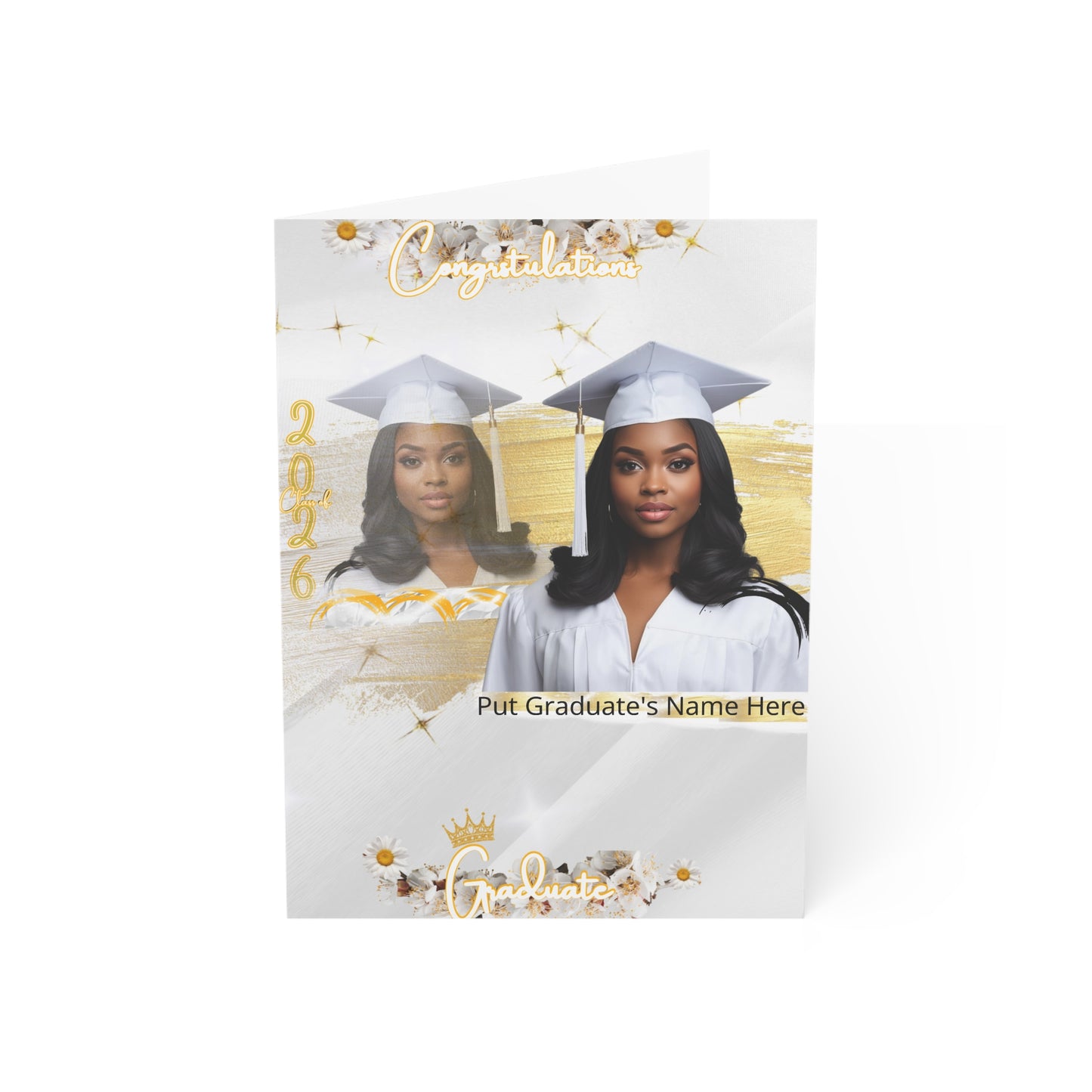 Graduation Photo Greeting Cards — Customizable Gold & White Grad Cards (Add Name)