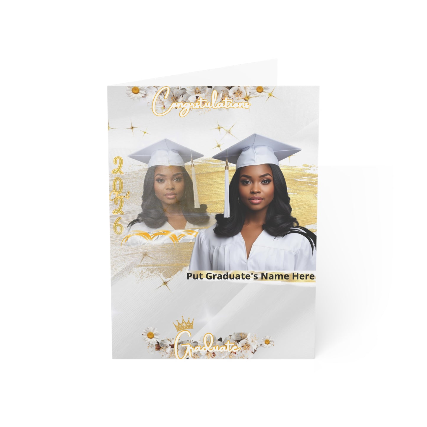 Graduation Photo Greeting Cards — Customizable Gold & White Grad Cards (Add Name)