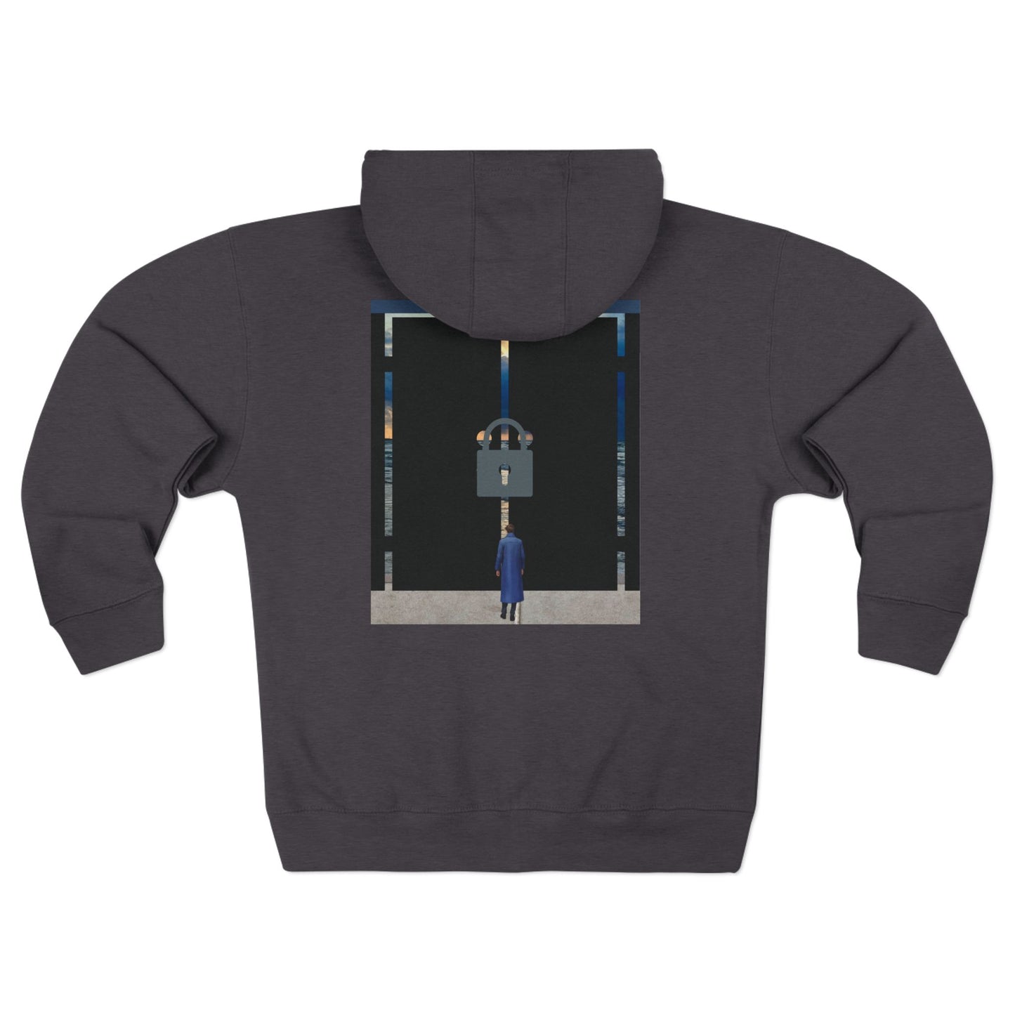 Surreal Doorway Zip Hoodie — Lone Figure Nightscape Artwork