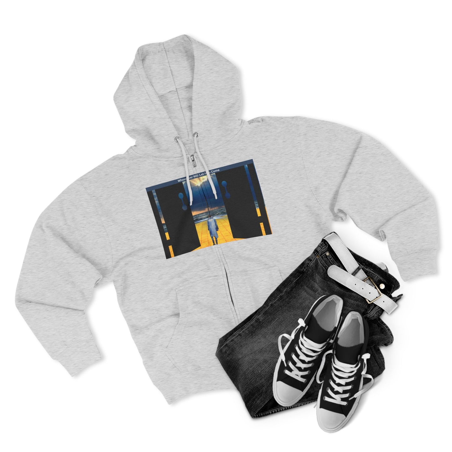 Surreal Doorway Zip Hoodie — Lone Figure Nightscape Artwork
