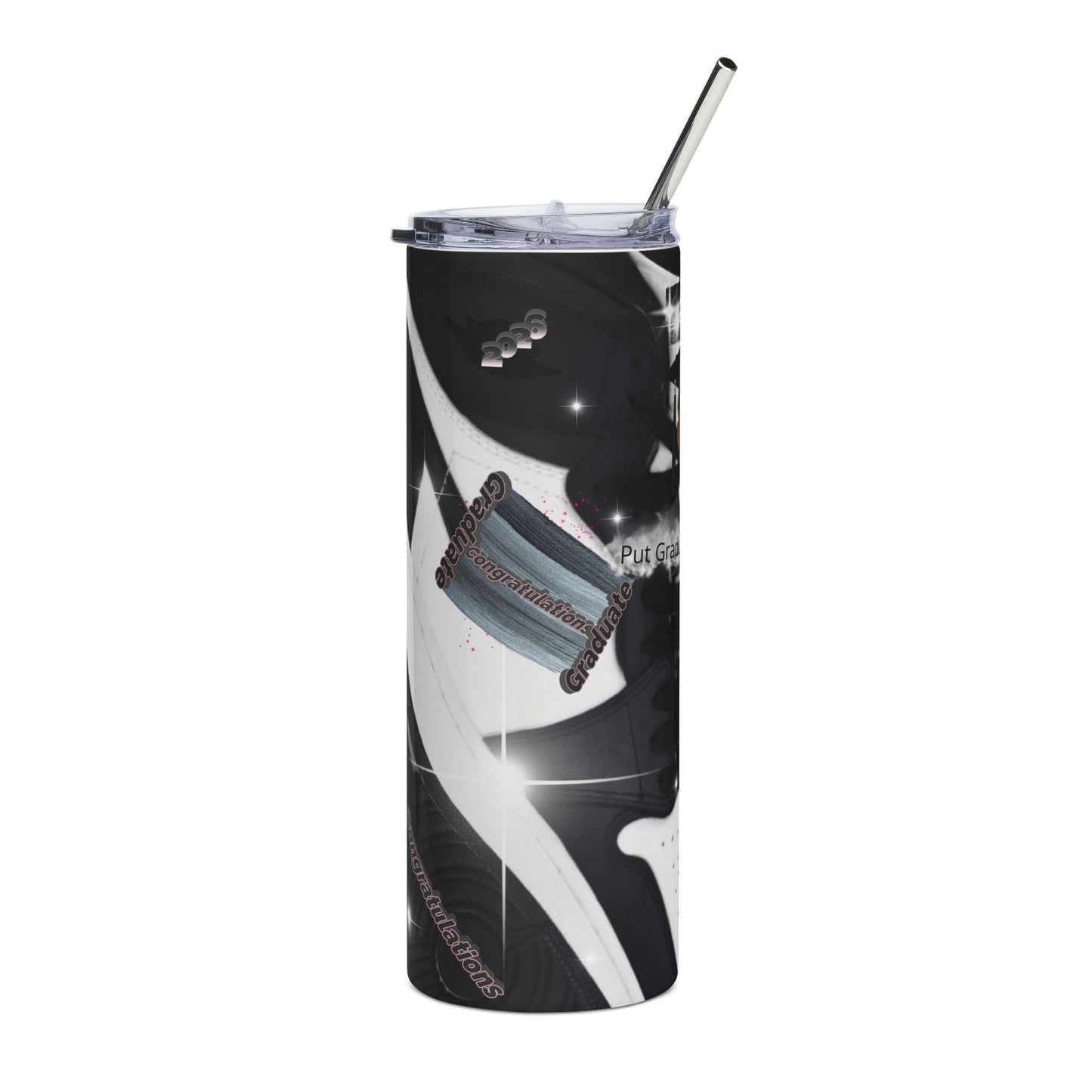 Tumbler: Graduation Photo Stainless Steel Tumbler Custom Grad Name, 20oz Travel Cup. Black