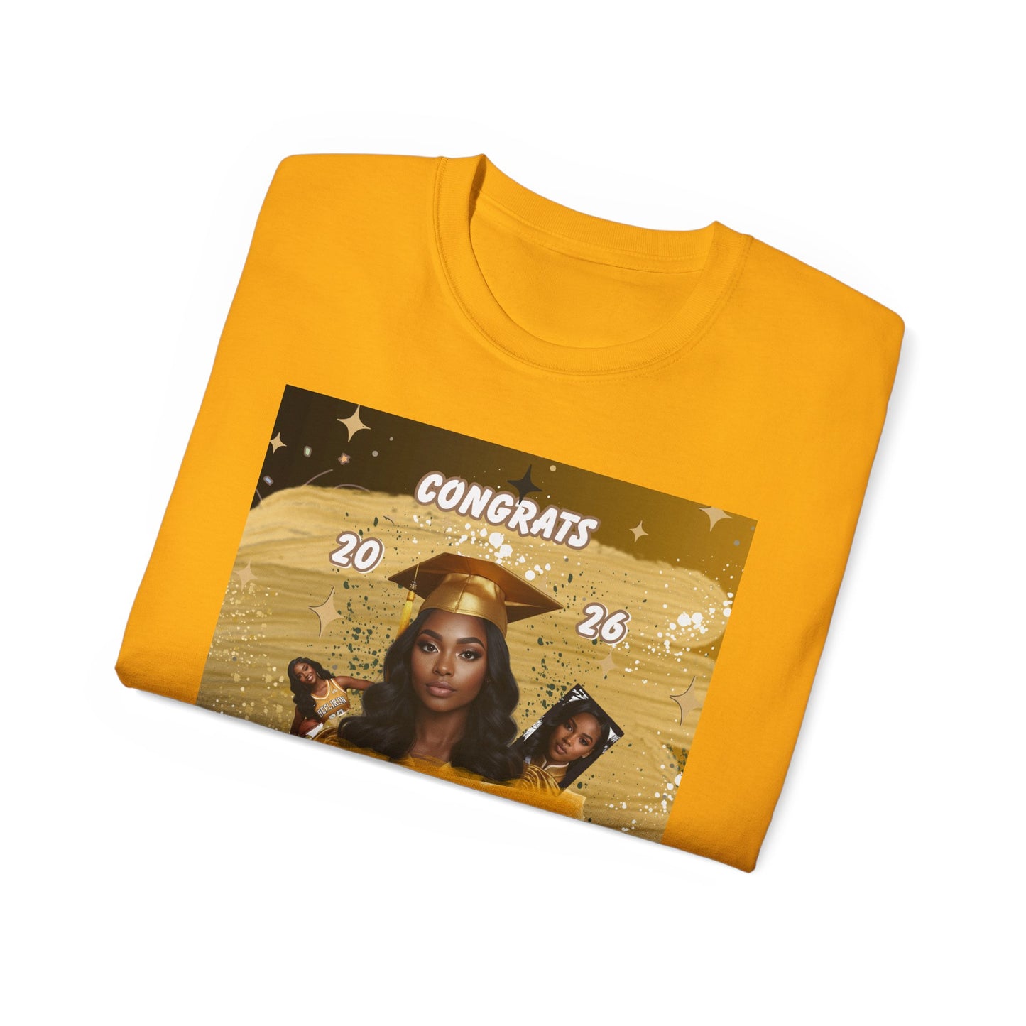 T-Shirts: Graduate Photo Tee Congrats 2026 Personalized Graduation T-Shirt. Gold/Yellow Personalize, upload your photo and write the name.