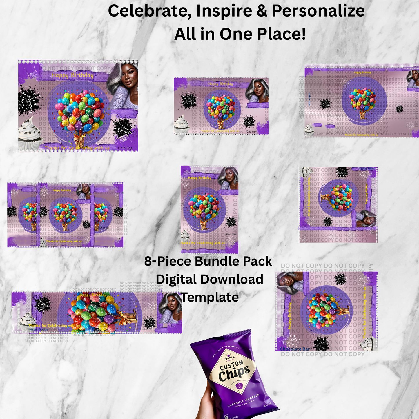 8-Piece Party Favor Bundle Template plus a small water bottle template. Making the bundle a 9 piece!