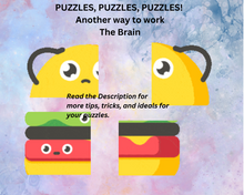 Load image into Gallery viewer, Puzzles to help protect and grow your Brain. Set 3. You get 3- puzzles and Each puzzle has 4 big pieces. Cake with candles, numbers on a board, and gift packages.
