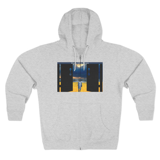 Surreal Doorway Zip Hoodie — Lone Figure Nightscape Artwork