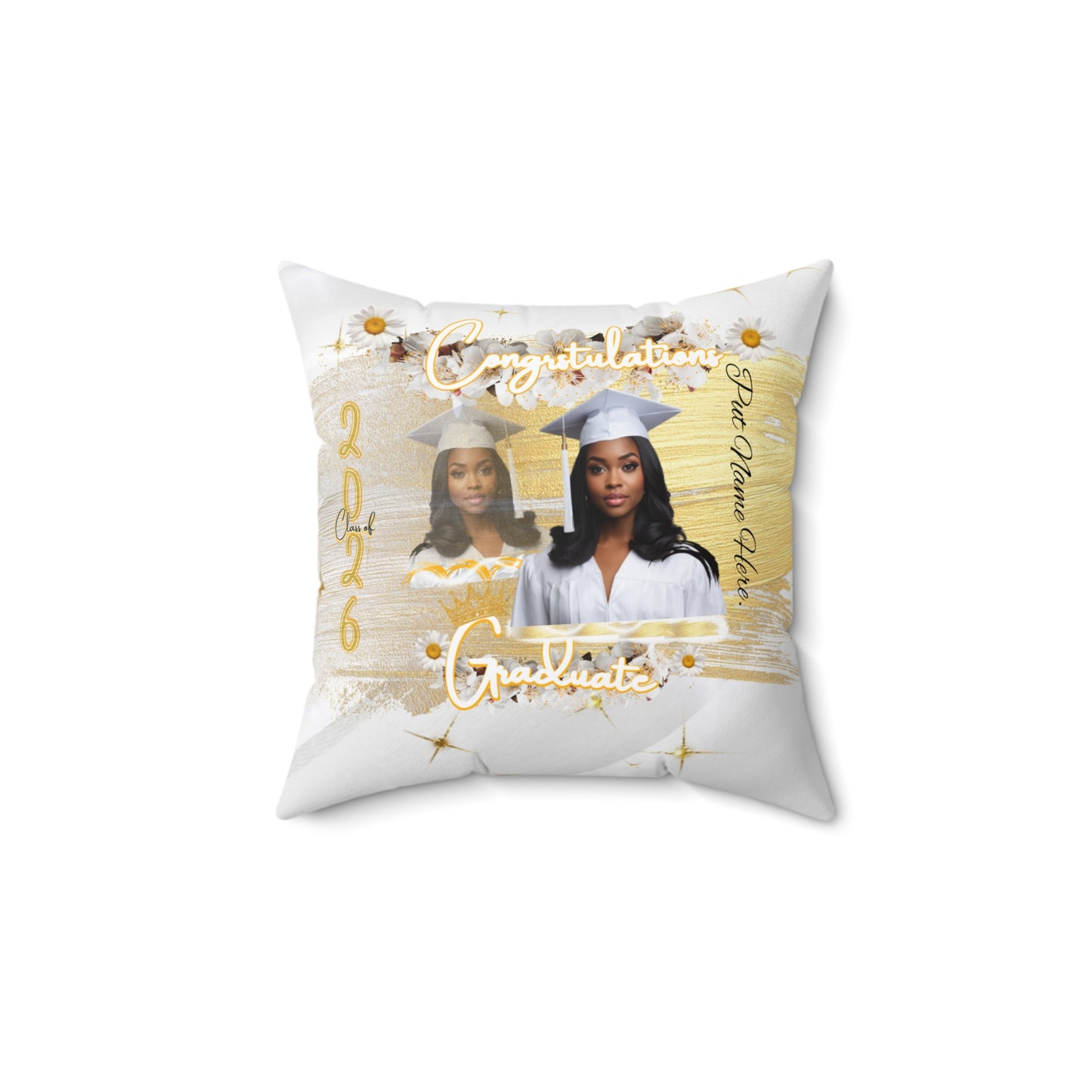 Senior 2026 Graduation Photo Pillow Personalized Gold & White Graduate Keepsake. Add name to front and back.