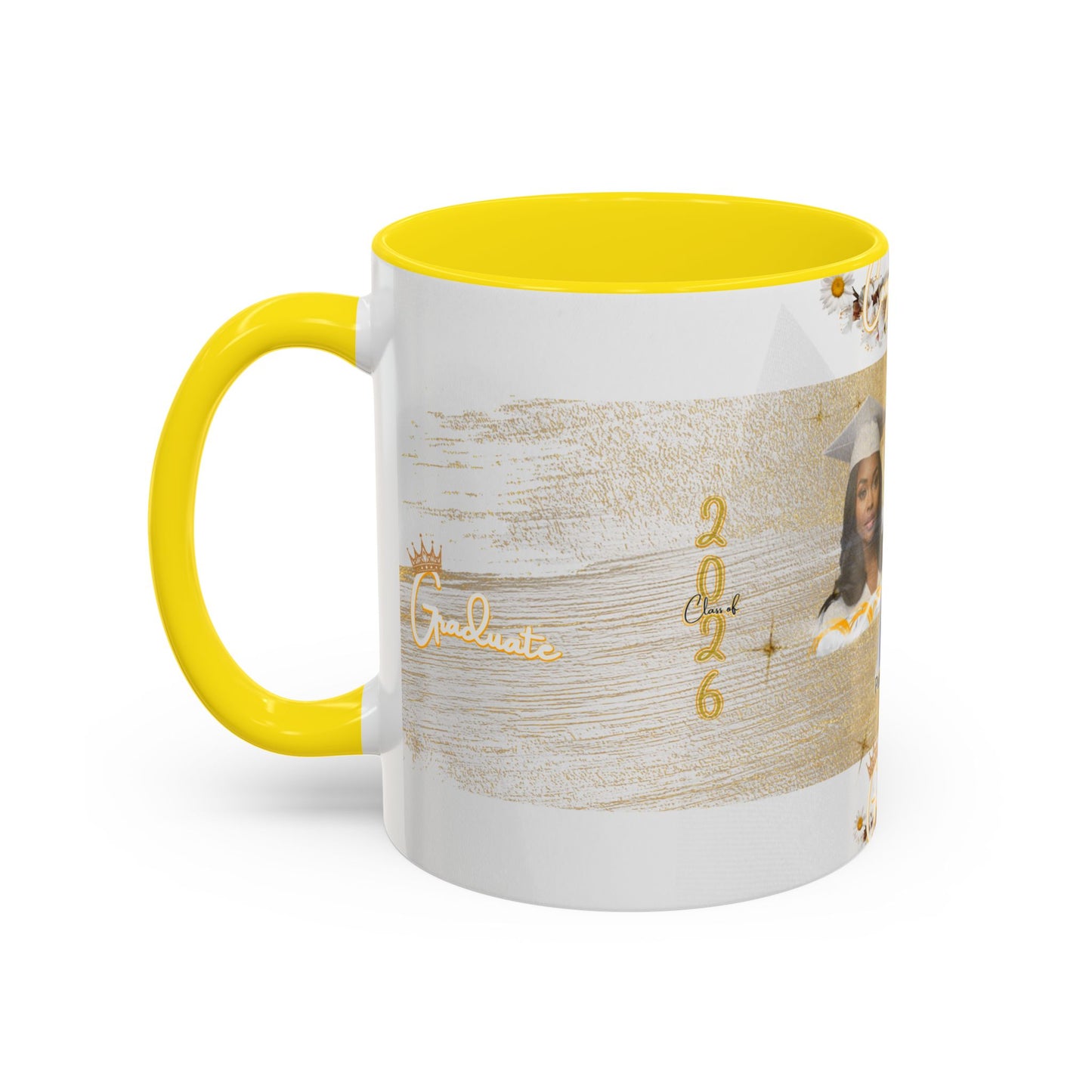 Mug: Graduation Photo Coffee Mug. Personalized Grad Gift with Gold Brush Design (11oz)