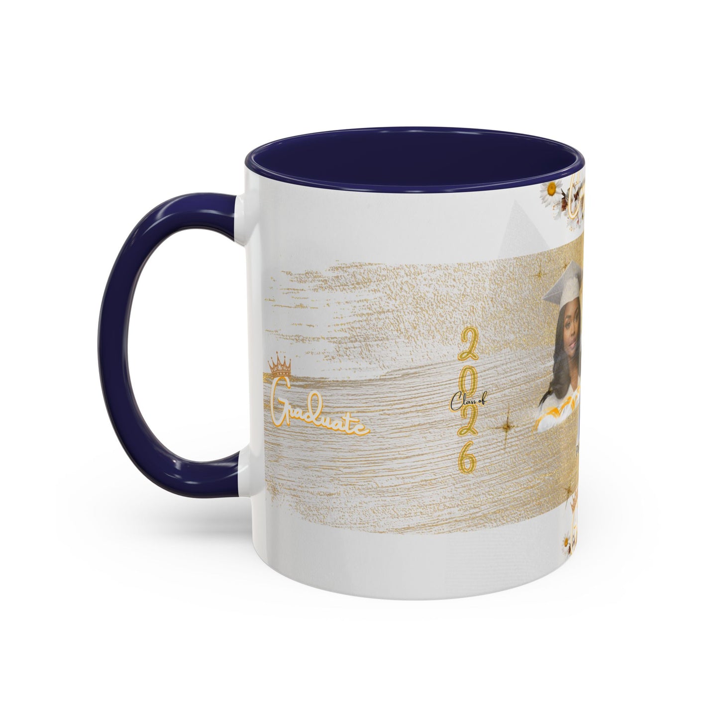 Mug: Graduation Photo Coffee Mug. Personalized Grad Gift with Gold Brush Design (11oz)