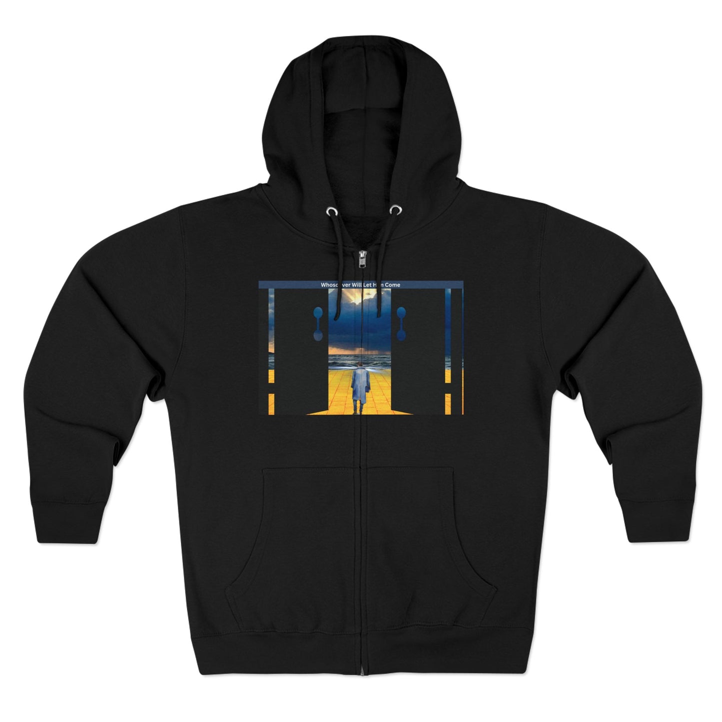 Surreal Doorway Zip Hoodie — Lone Figure Nightscape Artwork