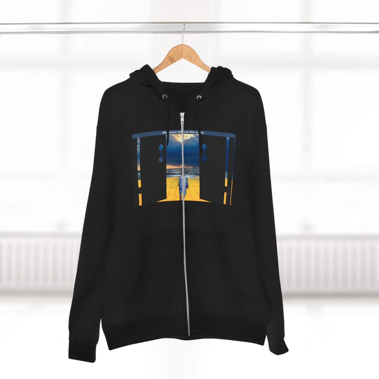 Surreal Doorway Zip Hoodie — Lone Figure Nightscape Artwork