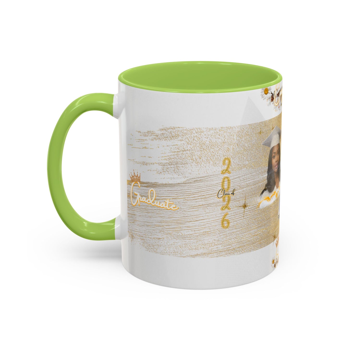 Mug: Graduation Photo Coffee Mug. Personalized Grad Gift with Gold Brush Design (11oz)