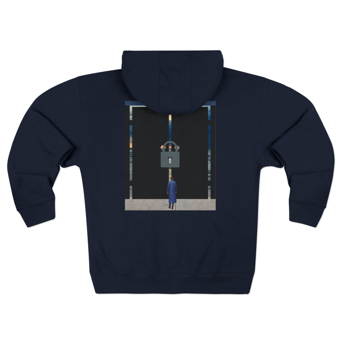 Surreal Doorway Zip Hoodie — Lone Figure Nightscape Artwork