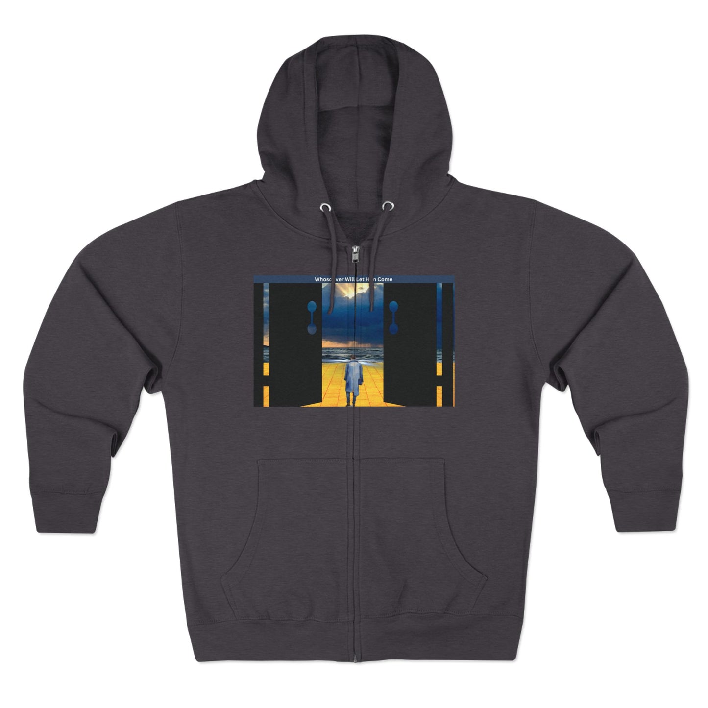 Surreal Doorway Zip Hoodie — Lone Figure Nightscape Artwork