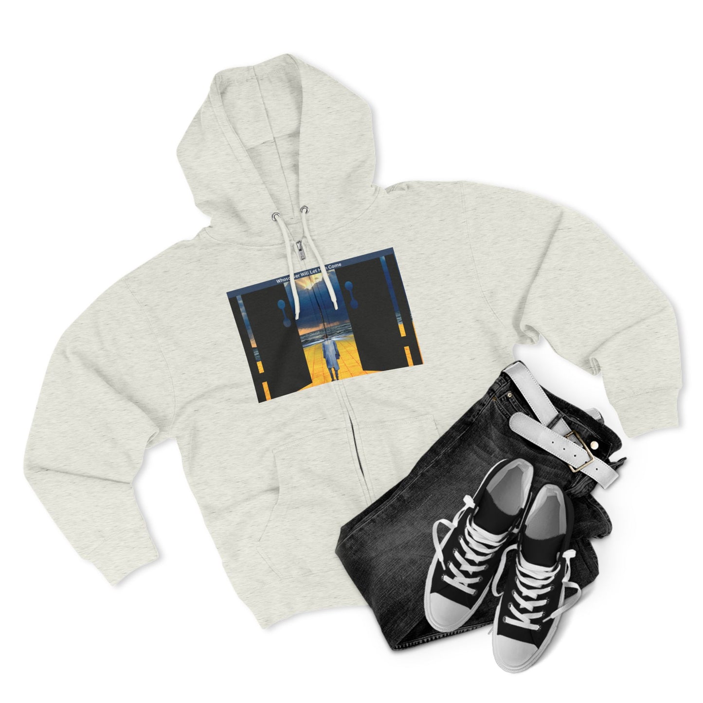 Surreal Doorway Zip Hoodie — Lone Figure Nightscape Artwork
