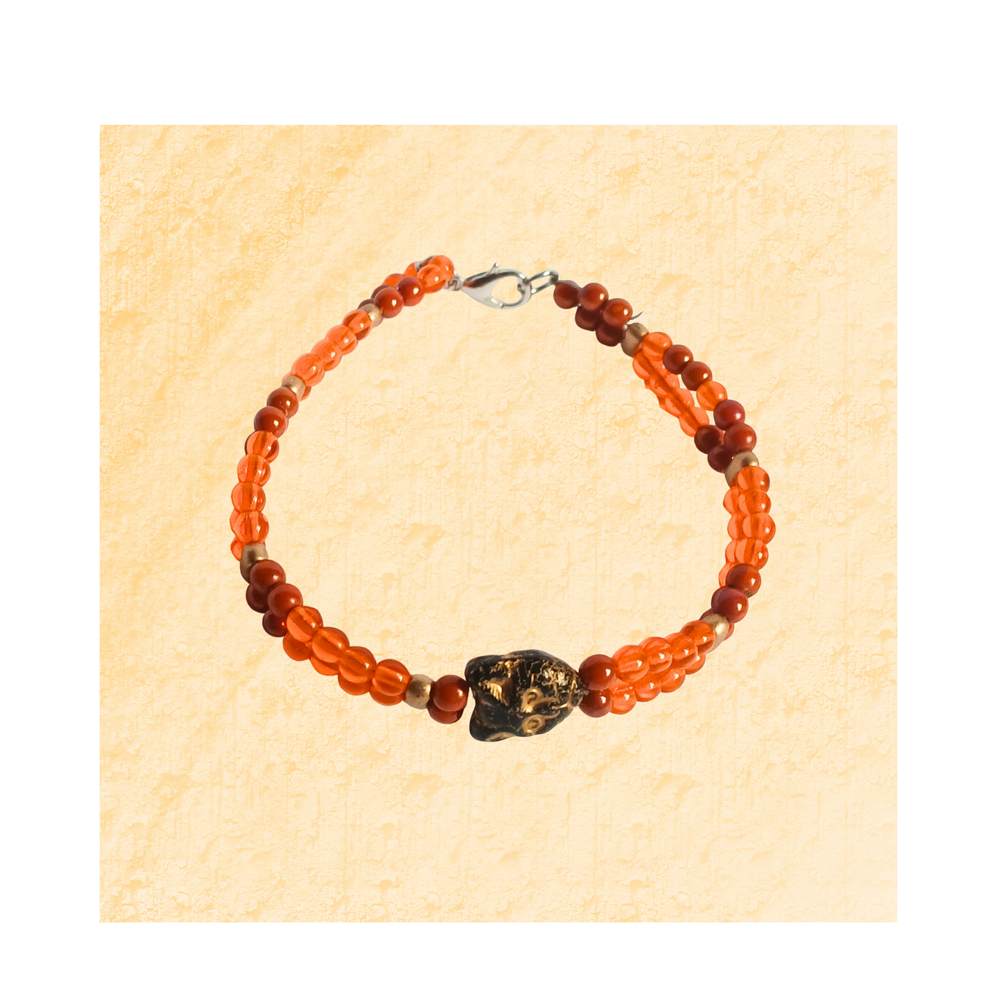 unique orange and red bracelet with a cat charm in the center: Handmade Fashion Jewelry