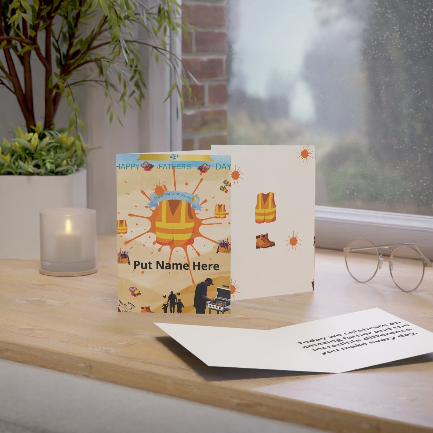 Father’s Day Construction Worker Greeting Card Customizable Put Name Here Safety Vest Design: Physical Product.