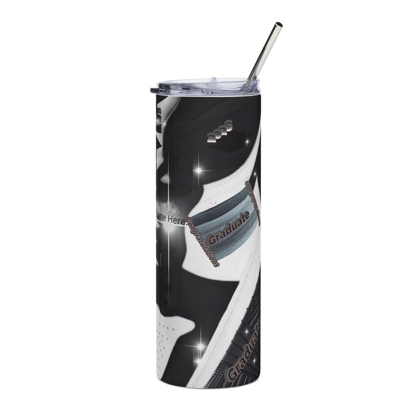 Tumbler: Graduation Photo Stainless Steel Tumbler Custom Grad Name, 20oz Travel Cup. Black