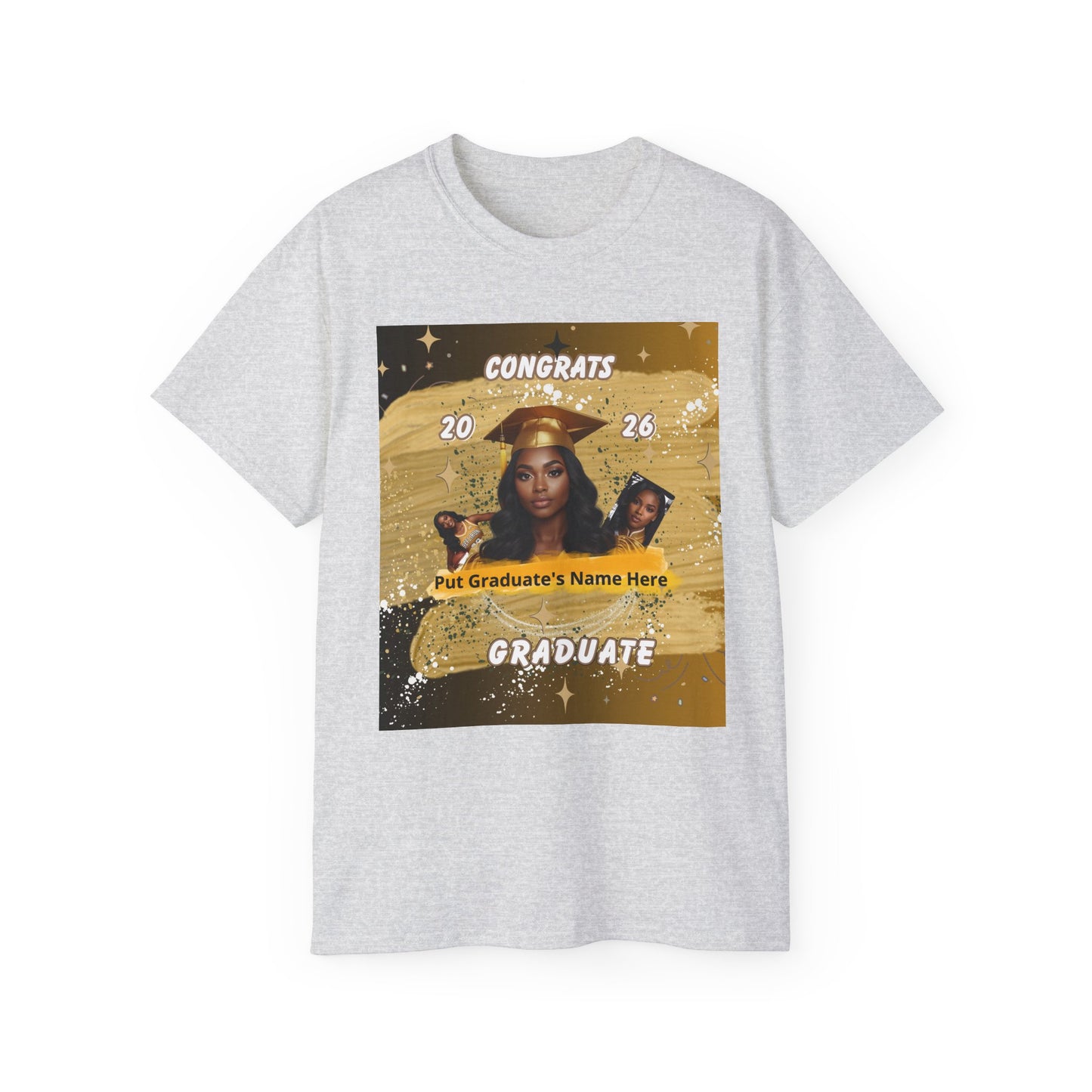 T-Shirts: Graduate Photo Tee Congrats 2026 Personalized Graduation T-Shirt. Gold/Yellow Personalize, upload your photo and write the name.