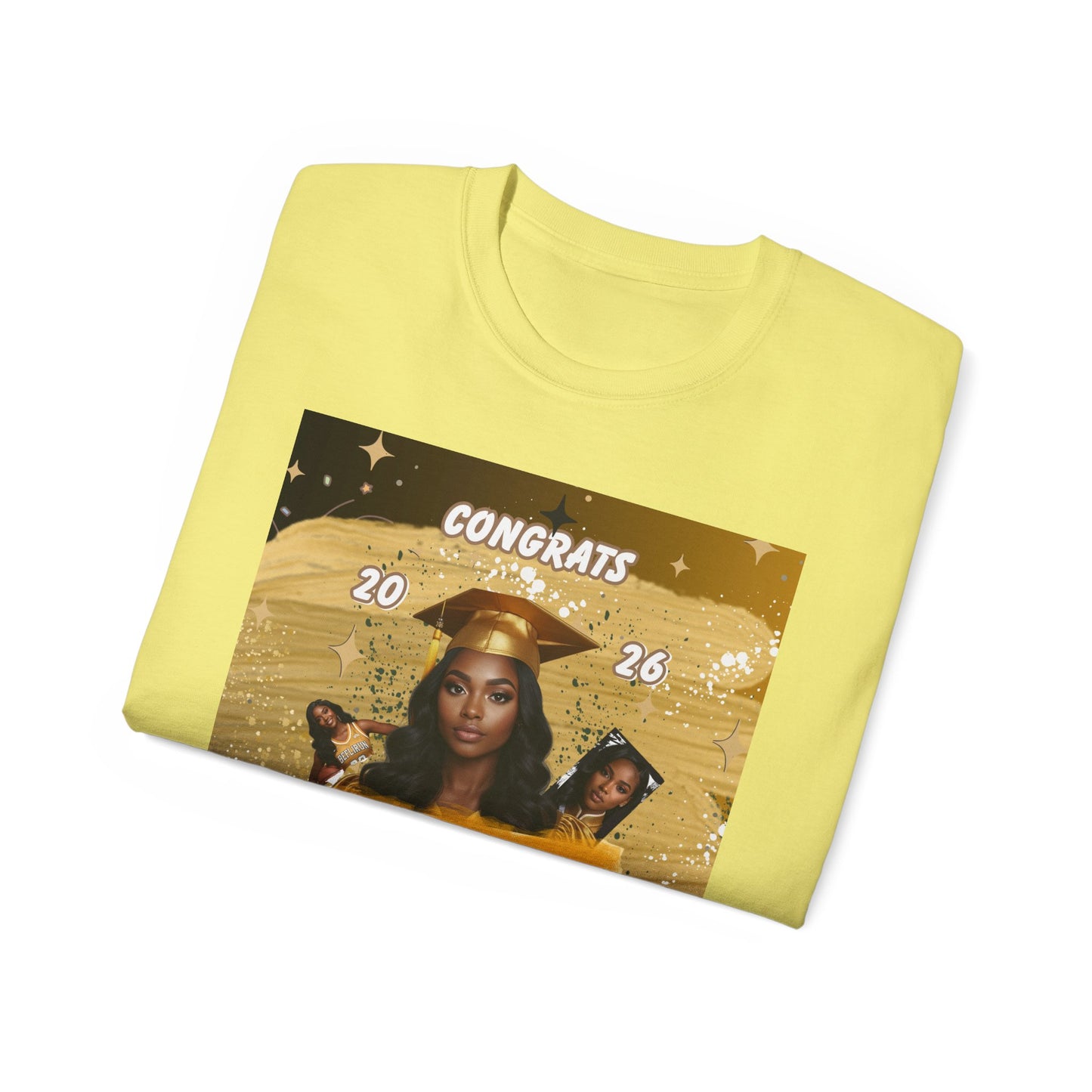 T-Shirts: Graduate Photo Tee Congrats 2026 Personalized Graduation T-Shirt. Gold/Yellow Personalize, upload your photo and write the name.