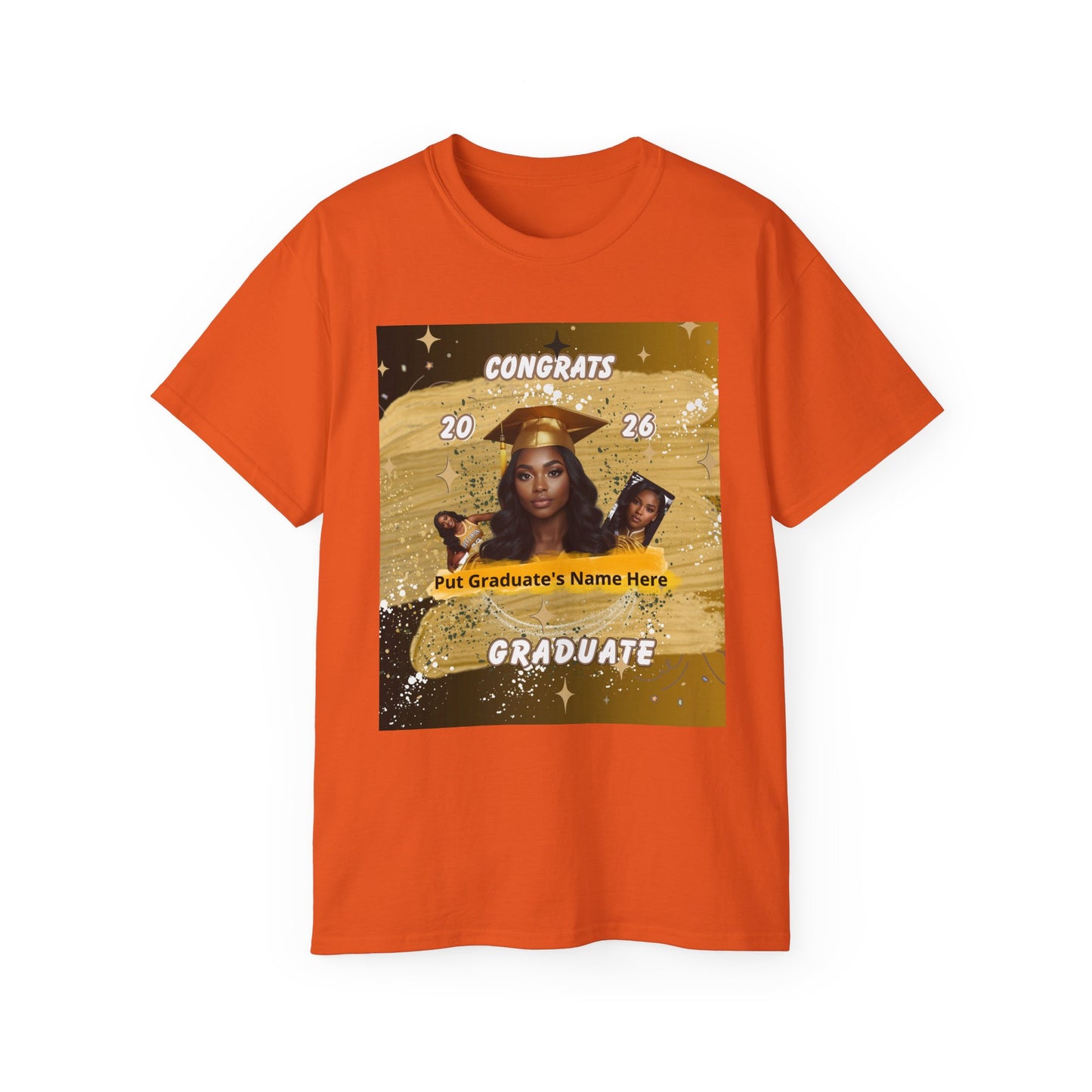 T-Shirts: Graduate Photo Tee Congrats 2026 Personalized Graduation T-Shirt. Gold/Yellow Personalize, upload your photo and write the name.
